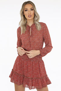 Camel Contrast Floral Print Front Knot Shift Dress