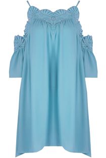 Sky Blue Embroidered Cut Out Shoulder Day Dress