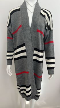 Grey Long Knitted Kaftan with Stripes