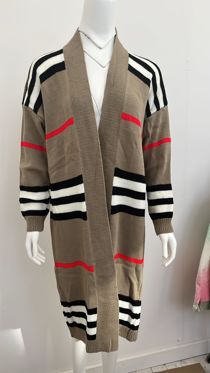 Taupe Long Knitted Kaftan with Stripes