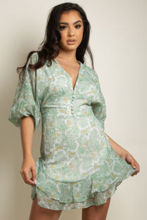 Green Floral Print Button Trim V Neck Mini Dress