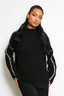Black Contrast Stitch High Neck Jumper