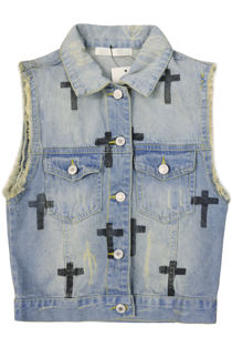 Blue Denim Waistcoat With Black Crosses & Frayed Detail