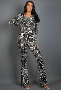 Black Marble Print Shirt & Flare Trouser Set