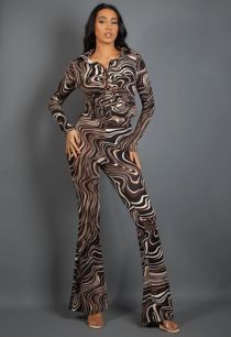 Brown Marble Print Shirt & Flare Trouser Set