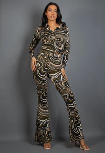 Khaki Marble Print Shirt & Flare Trouser Set