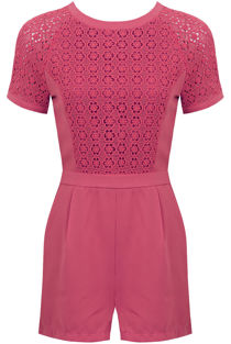 Fuschia Block Colour Knitted Flower Back Zip Up Playsuit