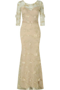 Beige Flower Foil Crochet Netted Maxi Dress