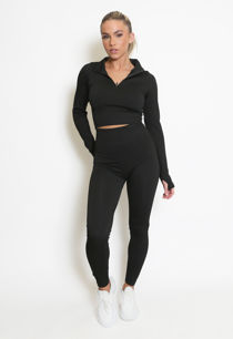 Black Ribbed Zip Top And Leggings Set