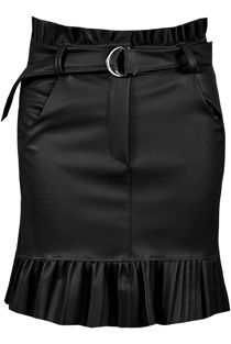 Black Pleated Hem Belted PU Mini Skirt