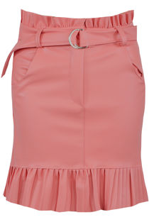 Peach Pleated Hem Belted PU Mini Skirt