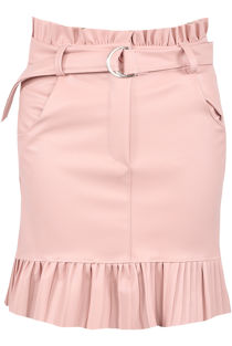 Pink Pleated Hem Belted PU Mini Skirt