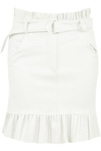 White Pleated Hem Belted PU Mini Skirt