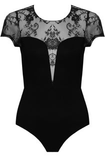 Black Floral Lace Back Zip Up Bodysuit 