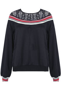 Navy Contrast Floral Lace Back Button Up Knitted Jumper