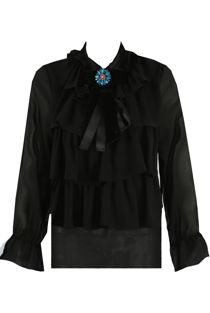 Black Chiffon Frill Knot Trim Blouse
