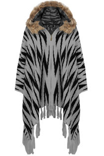 Grey Coloured Zig Zag Print Faux Fur Hooded Zip Up Cape
