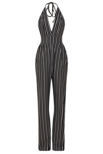 Black Plunge Striped Monochrome Halter Jumpsuit