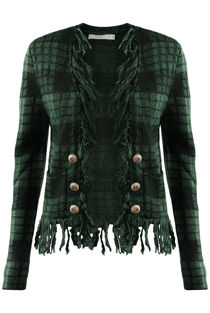 Green Check Fringe Trim Open Cardigan