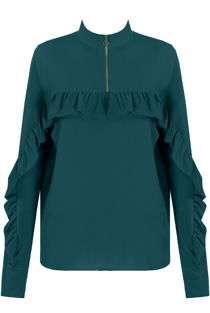 Green Zip Up High Neck Frilled Trim Tops