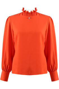 Orange Ring Pearl Trim High Neck Blouse 