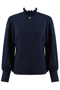 Navy Ring Pearl Trim High Neck Blouse 