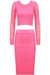Fuchsia Mesh Detail Celebrity Style Crochet Top & Skirt Set