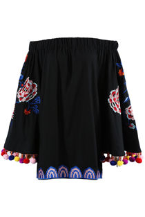 Black Off Shoulder Embroidered Pom Pom Blouse