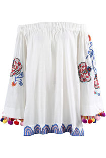 White Off Shoulder Embroidered Pom Pom Blouse