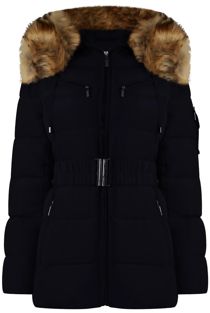 Navy Quilted Natural Fur Puffer Jackets