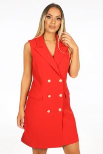 Red Sleeveless Double Button Blazer Dress