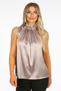 Grey Front Tie Up High Neck Satin Tops