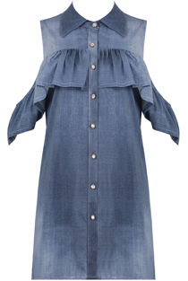  Blue Denim Cold Shoulder Shirt Dress