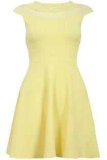 Yellow Block Colour Netted Side Zip Up Flared Dress