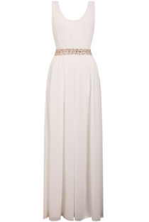 White Front Lace Pleated Trimming Back Zip Up Maxi Dress 