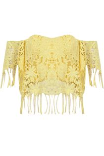 Yellow Floral Lace Off the Shoulder Tasselled Top
