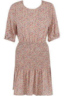 Beige Floral Mini Dress With Gatherings