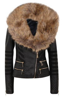 Black PU Stretch Patch Fur Jacket 