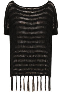 Black Loose Knit Tassel Trim Slouch Oversize Short Sleeved Jumper