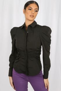 Black Ruched Waist Fitted Shirt
