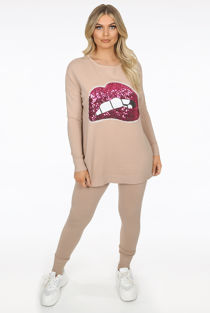 Beige Sequin Lips Trim Loungewear