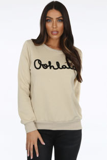 Beige Oohlala Slogan Ribbed Jumper