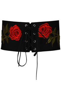 Black Flower Embroidered Lace Up Corset Belt