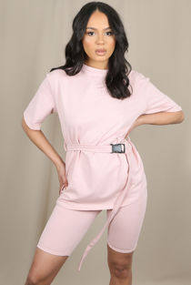 Pink Nylon Belt T-Shirt With Cycling Short Set 