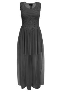 Black Chiffon Lined Skirt Lace Maxi Dress 