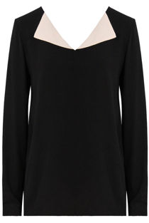 Black Contrast Collar Long Sleeve Tops