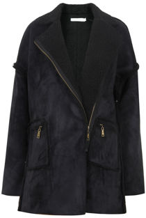  Black Suede Textured Aviator Coat 