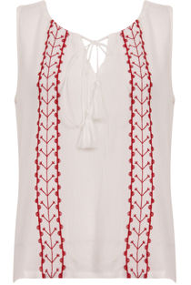 White Embroidered Tie Neck Tops