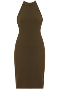 Khaki Tie Neck Back Zip Up Bodycon Dress