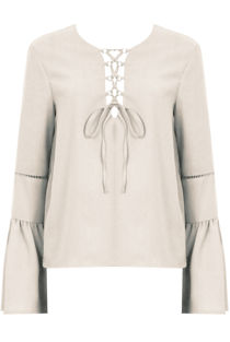 Cream Lace Up Front Bell Sleeve Blouse
